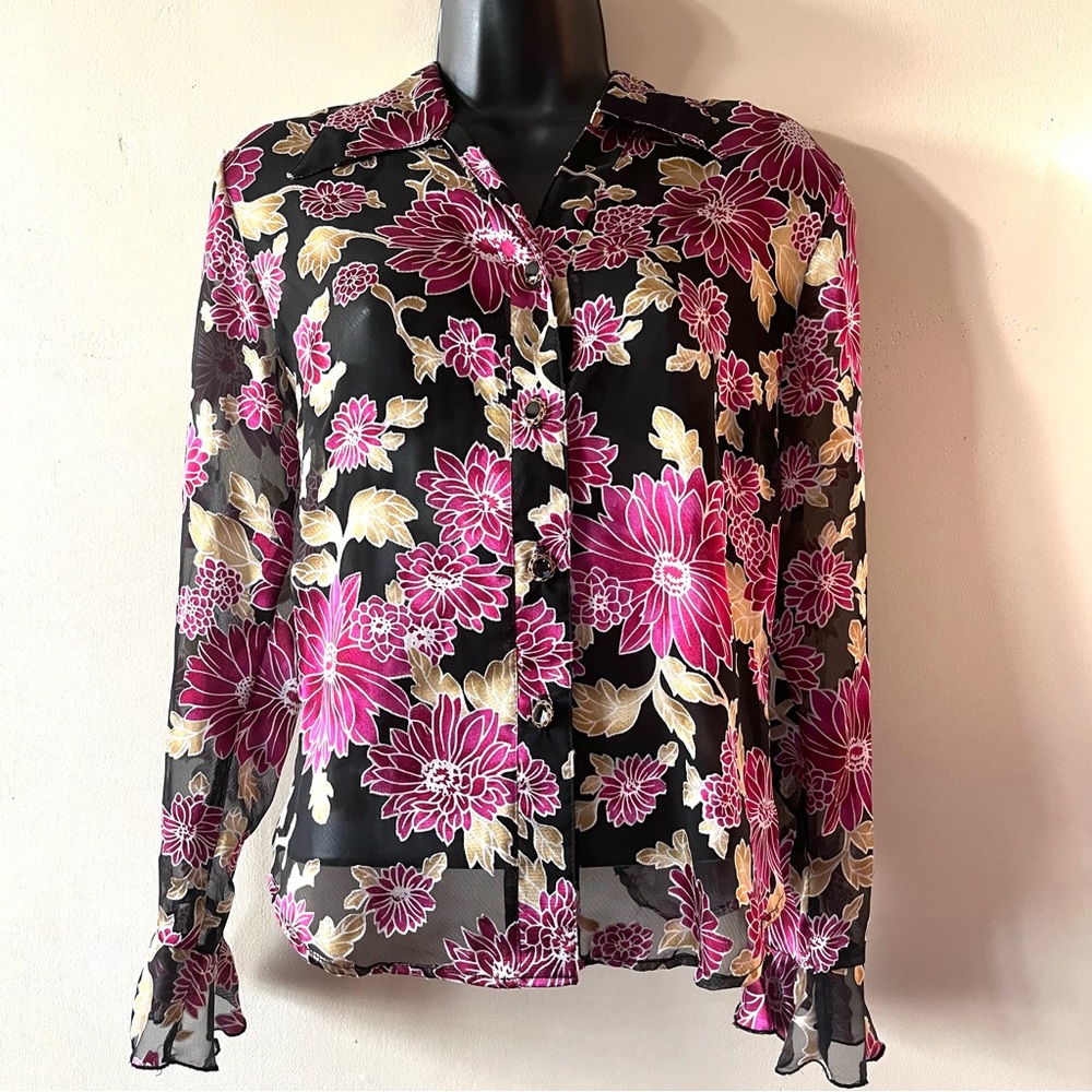 Vtg Y2K sheer burnout blouse dark floral S fairy grunge Phoebe ruffle cuffs